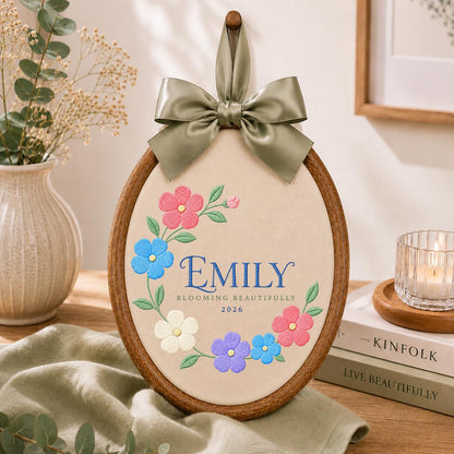 Personalized Blooming Beautifully Oval Hoop Art, Custom Name Emily Floral Wreath Embroidered Baby Girl Nursery Wall Sign Decor