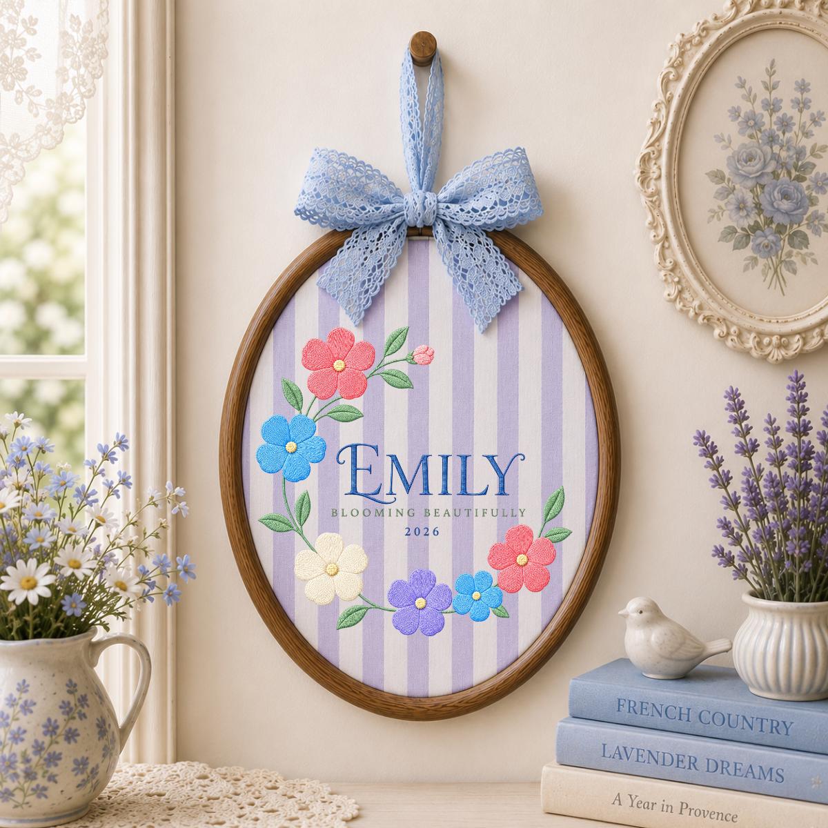 Personalized Blooming Beautifully Oval Hoop Art, Custom Name Emily Floral Wreath Embroidered Baby Girl Nursery Wall Sign Decor