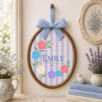 Personalized Blooming Beautifully Oval Hoop Art, Custom Name Emily Floral Wreath Embroidered Baby Girl Nursery Wall Sign Decor