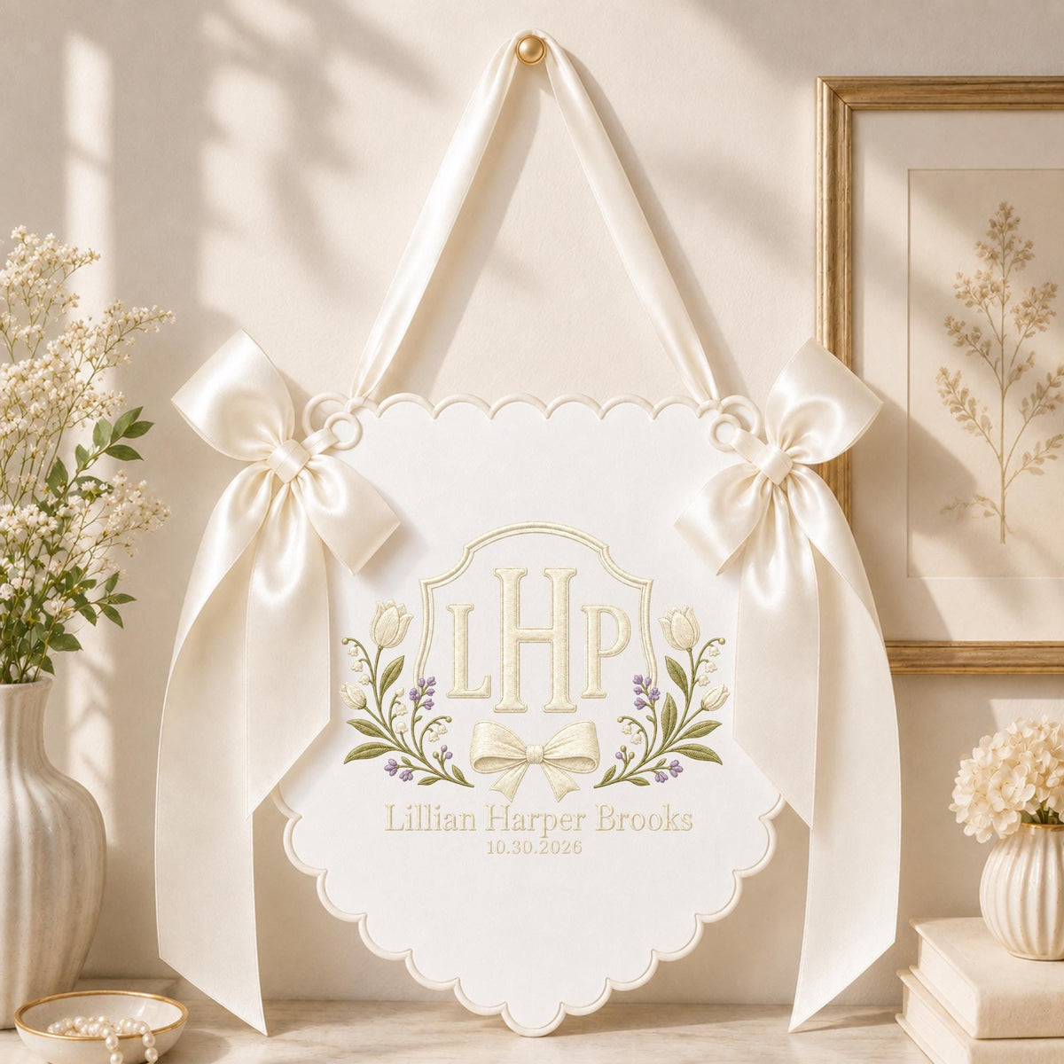 Personalized Embroidered Baby Name Banner, Monogram Nursery Wall Hanging, Custom Initial Sign, Floral Baby Nursery Decor, Newborn Gift
