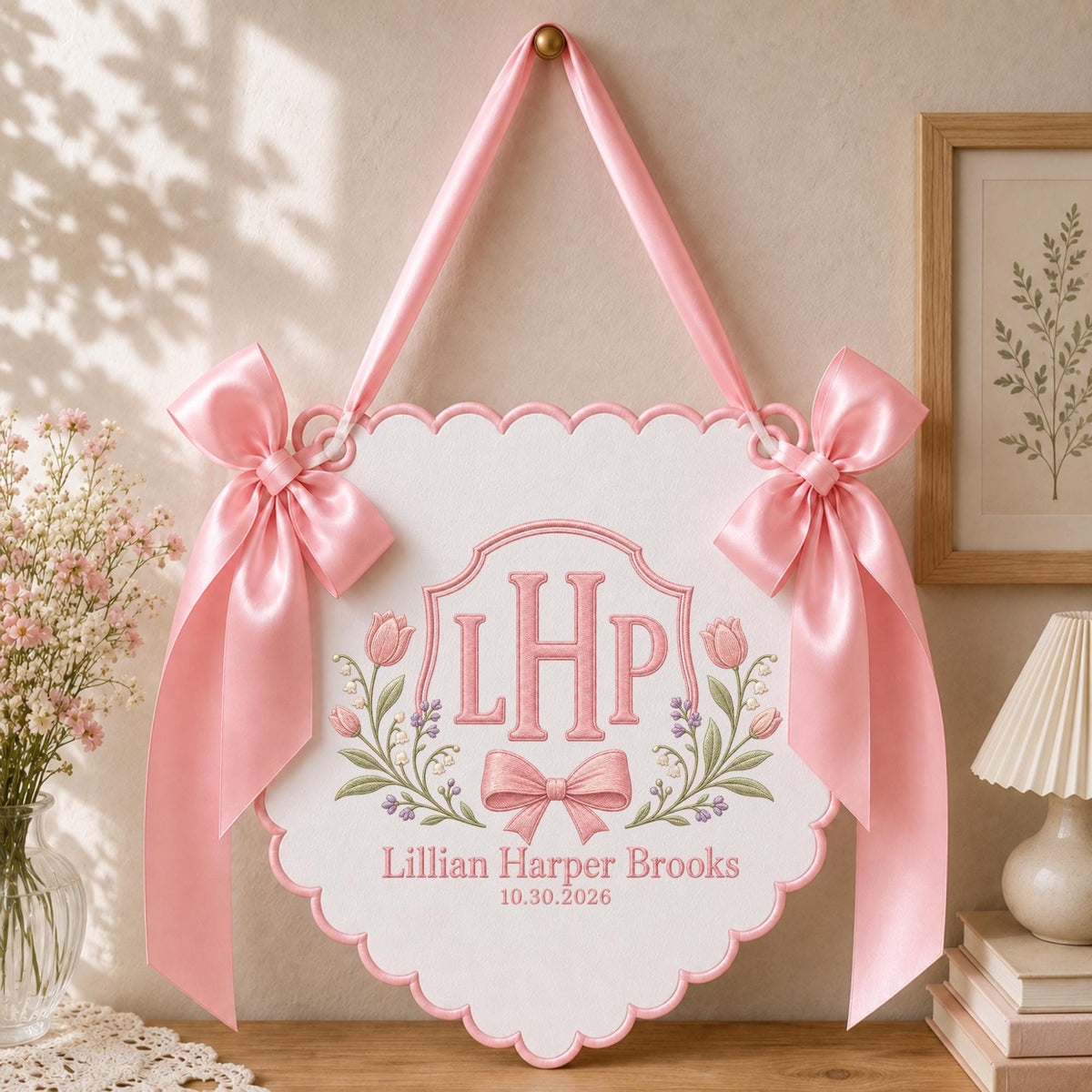 Personalized Embroidered Baby Name Banner, Monogram Nursery Wall Hanging, Custom Initial Sign, Floral Baby Nursery Decor, Newborn Gift