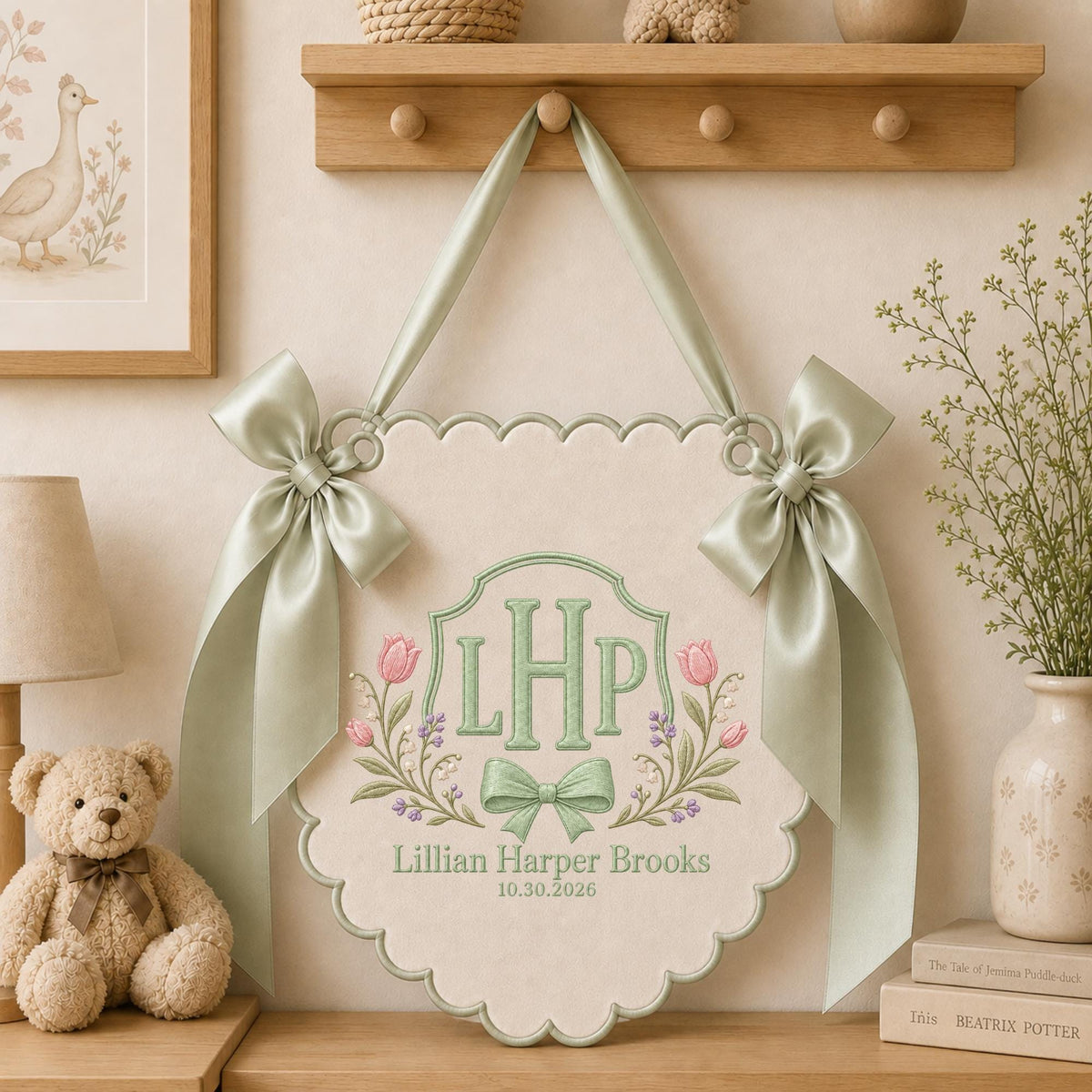 Personalized Embroidered Baby Name Banner, Monogram Nursery Wall Hanging, Custom Initial Sign, Floral Baby Nursery Decor, Newborn Gift