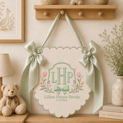 Personalized Embroidered Baby Name Banner, Monogram Nursery Wall Hanging, Custom Initial Sign, Floral Baby Nursery Decor, Newborn Gift