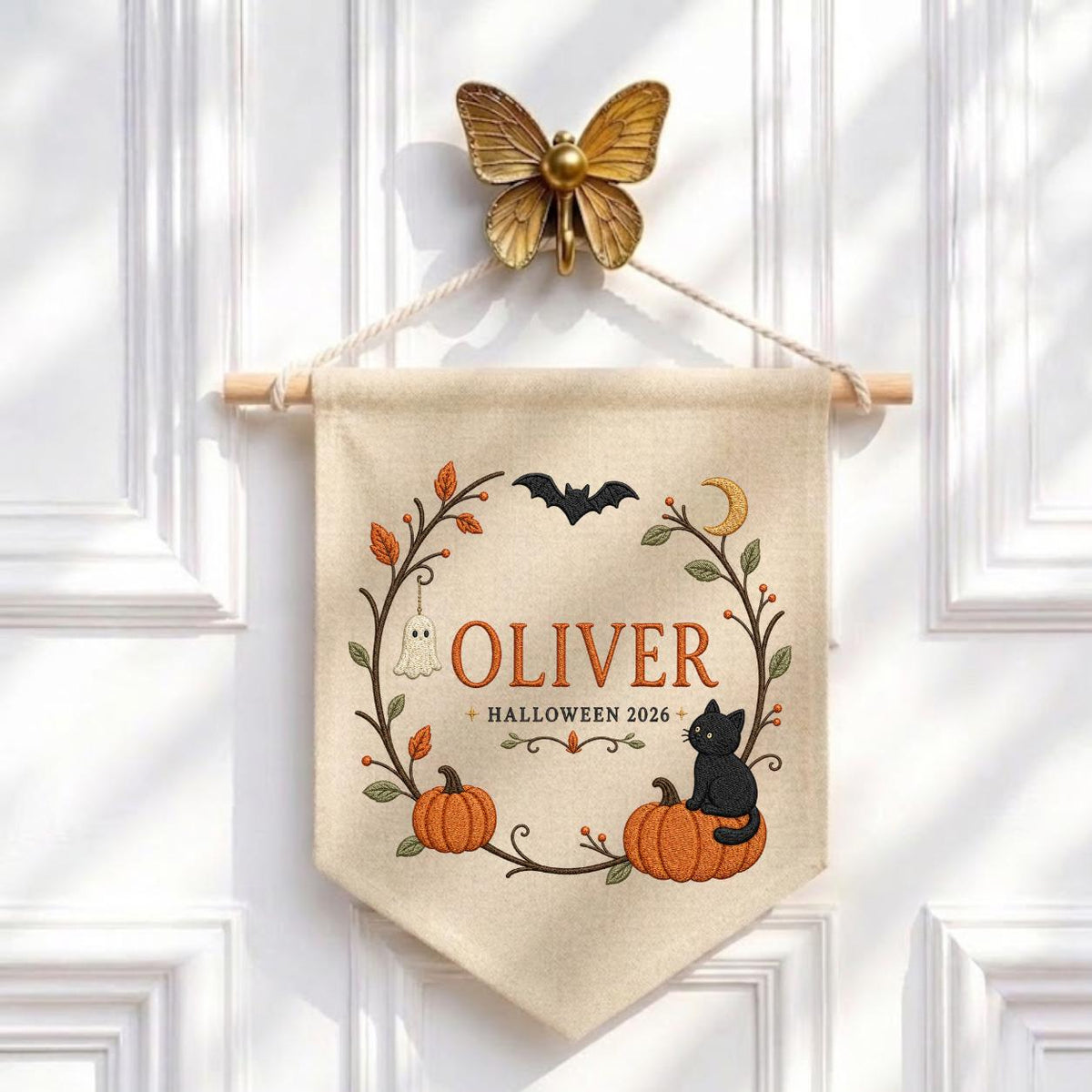 Personalized First Halloween Canvas Pennant Decor, Custom Embroidered Name Pumpkin Black Cat Wall Hanging Sign, Fall Nursery Gif