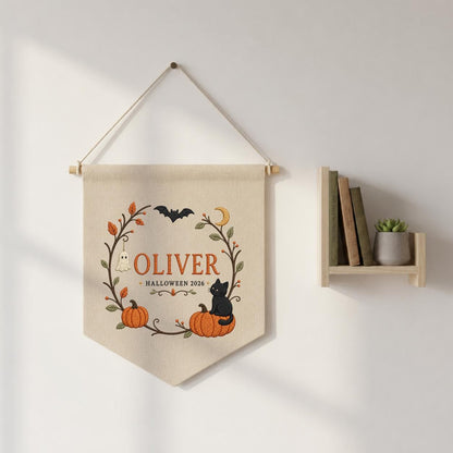 Personalized First Halloween Canvas Pennant Decor, Custom Embroidered Name Pumpkin Black Cat Wall Hanging Sign, Fall Nursery Gif