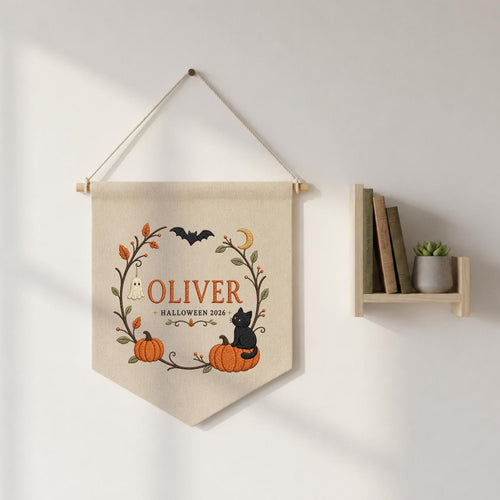 Personalized First Halloween Canvas Pennant Decor, Custom Embroidered Name Pumpkin Black Cat Wall Hanging Sign, Fall Nursery Gif
