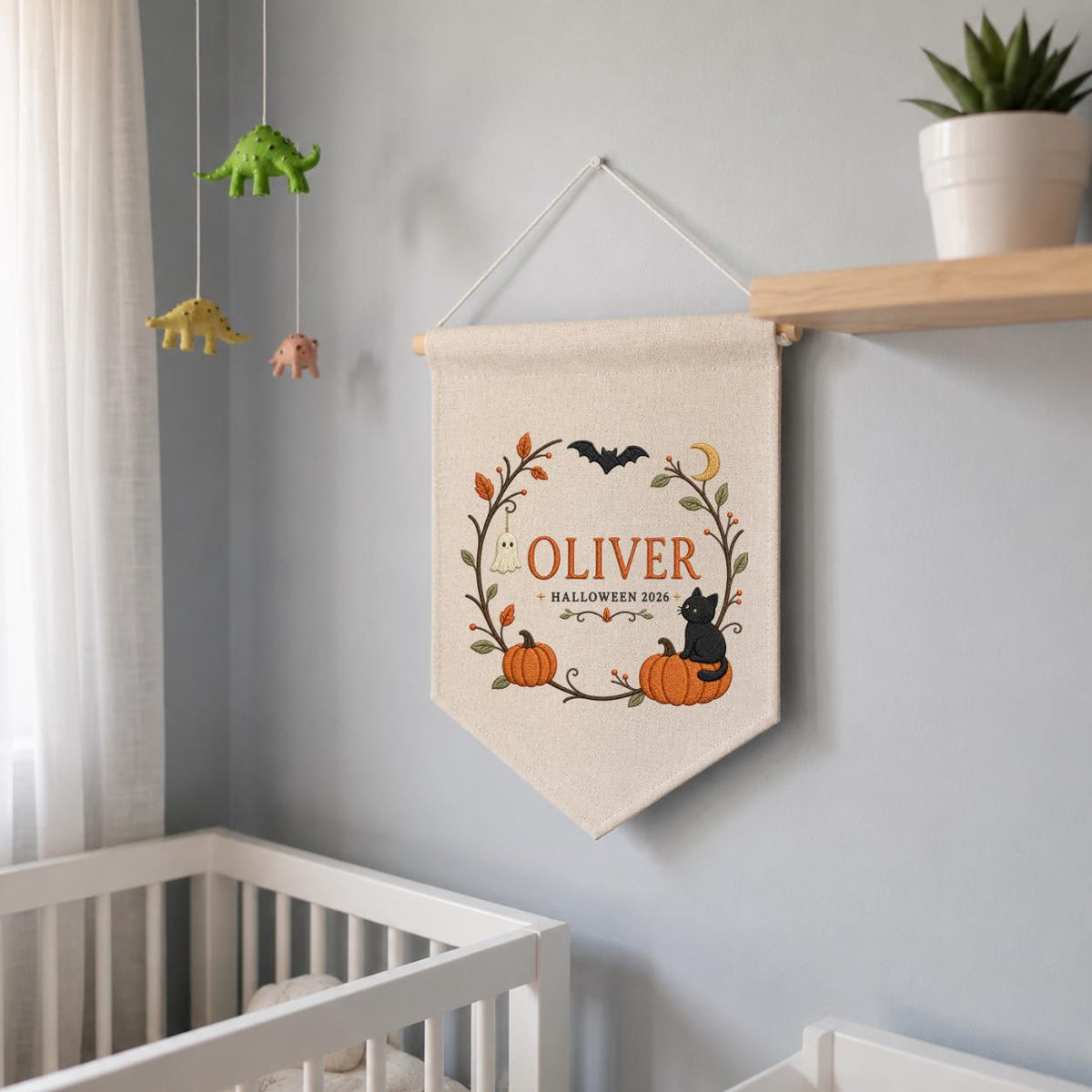Personalized First Halloween Canvas Pennant Decor, Custom Embroidered Name Pumpkin Black Cat Wall Hanging Sign, Fall Nursery Gif