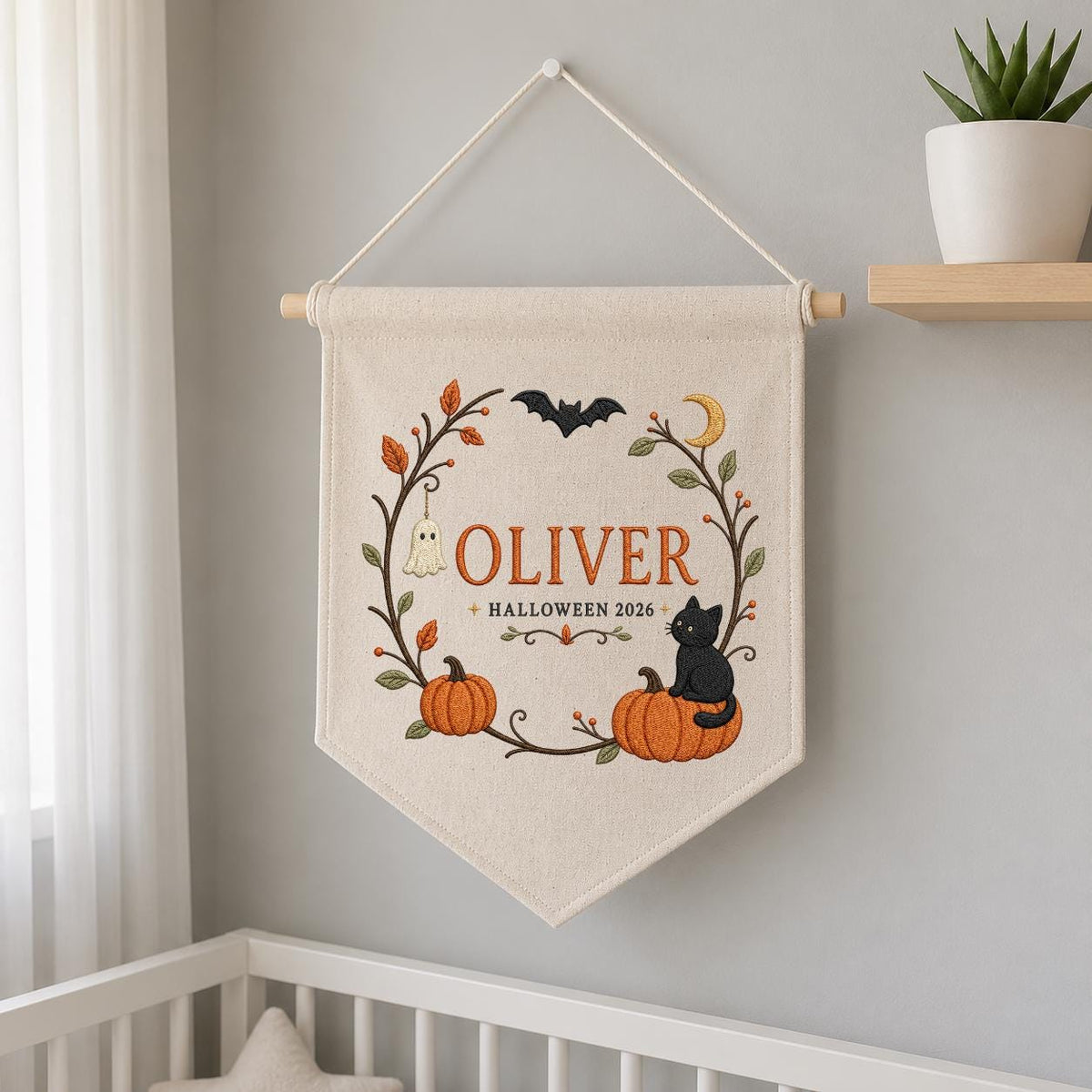 Personalized First Halloween Canvas Pennant Decor, Custom Embroidered Name Pumpkin Black Cat Wall Hanging Sign, Fall Nursery Gif