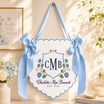Personalized Baby Girl Monogram Scalloped Banner Decor, Custom Embroidered Name Date Strawberry Shield Wall Sign, Hospital Door Hanger