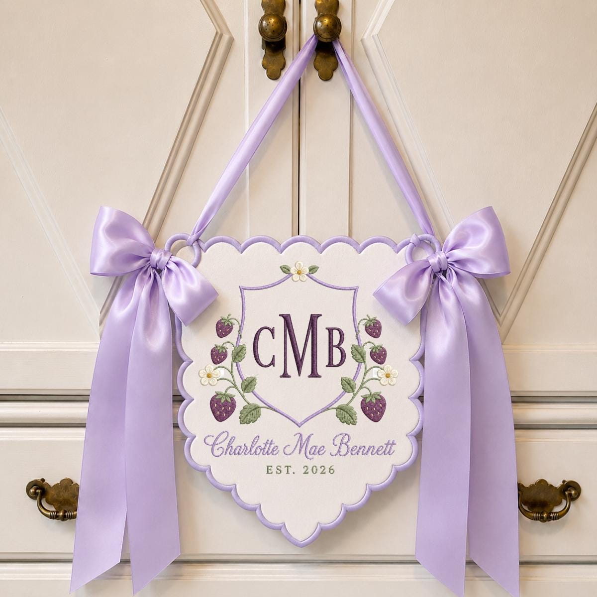 Personalized Baby Girl Monogram Scalloped Banner Decor, Custom Embroidered Name Date Strawberry Shield Wall Sign, Hospital Door Hanger