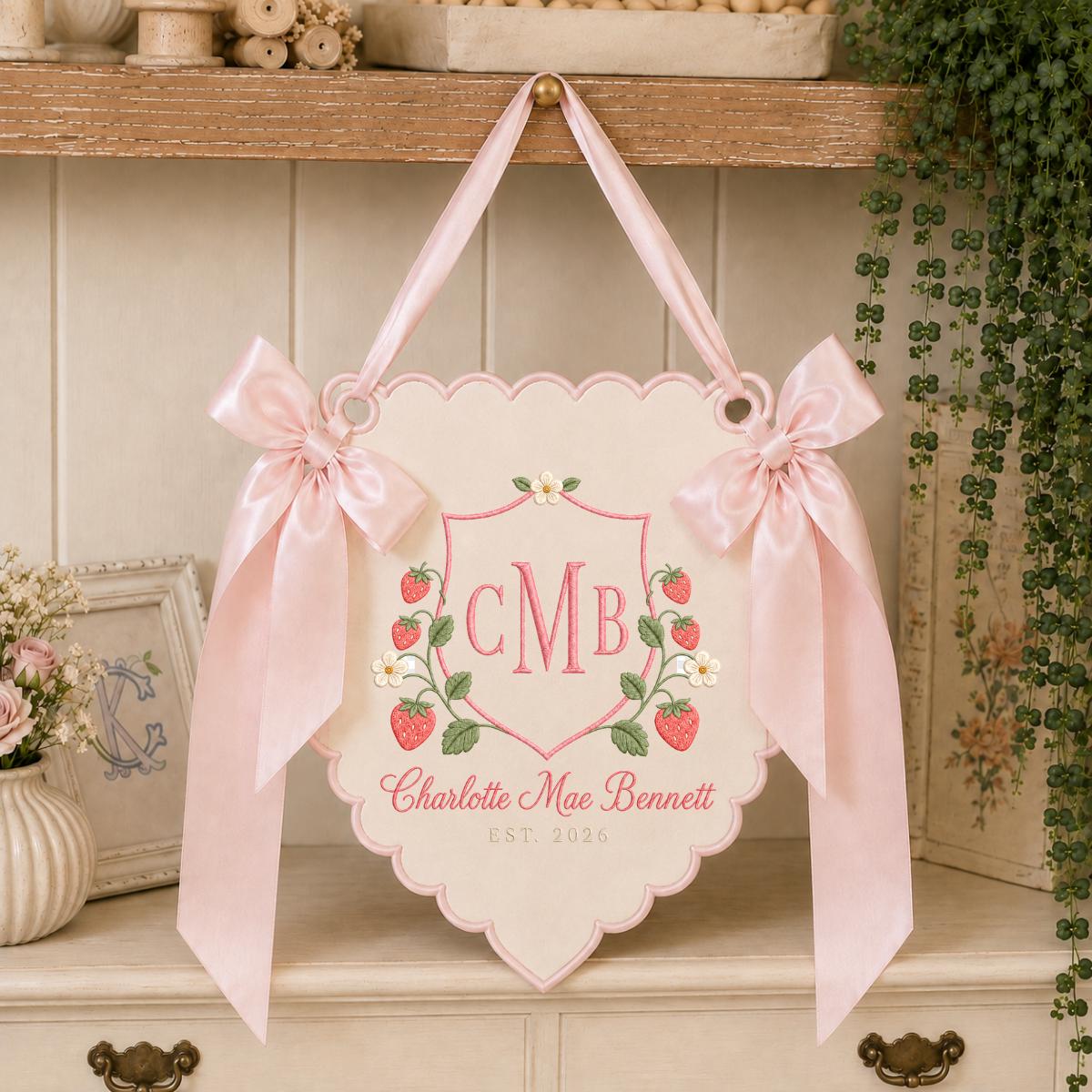Personalized Baby Girl Monogram Scalloped Banner Decor, Custom Embroidered Name Date Strawberry Shield Wall Sign, Hospital Door Hanger