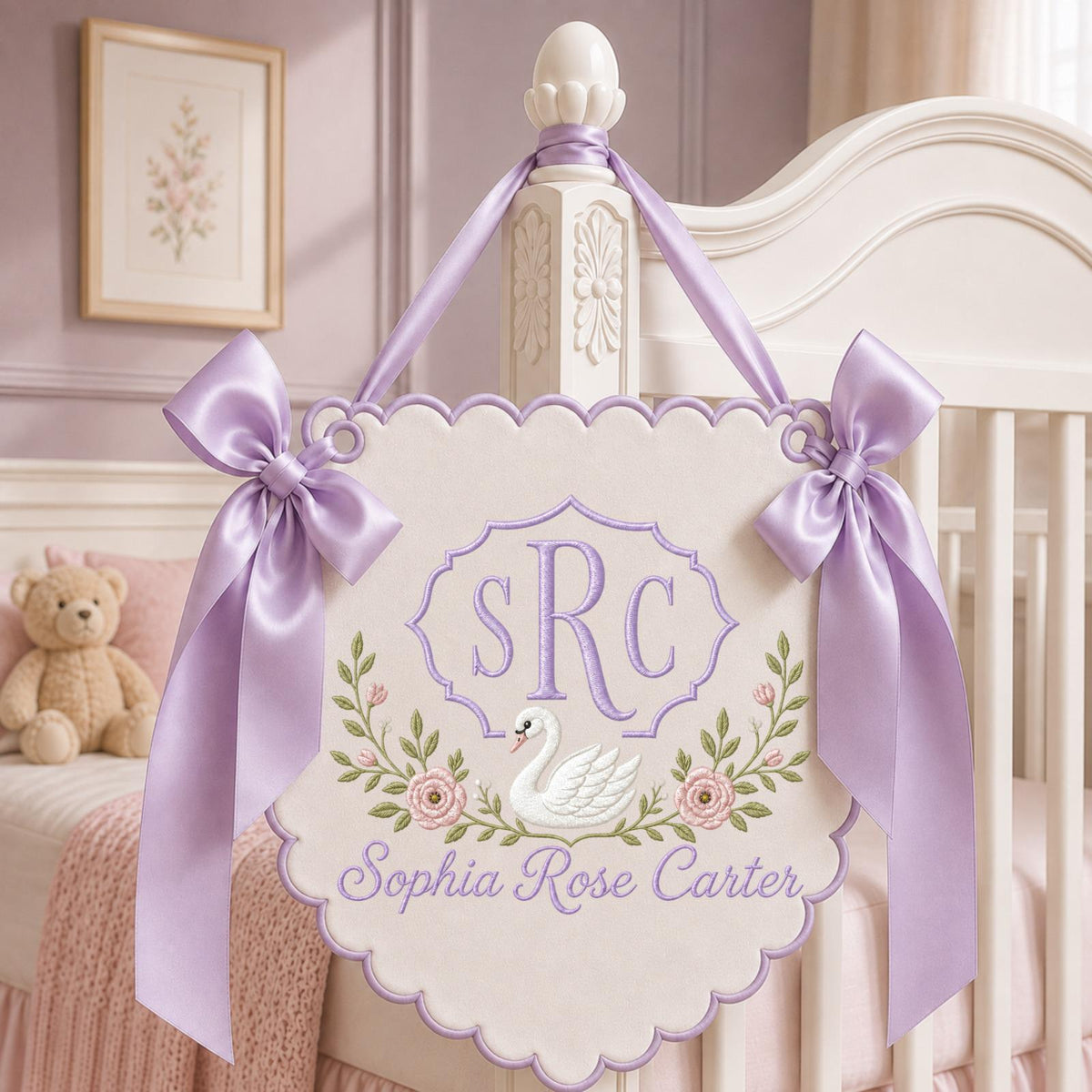 Personalized Embroidered Baby Name Banner, Swan Monogram Nursery Wall Hanging, Custom Initial Sign, Floral Baby Girl Nursery, Newborn Gift