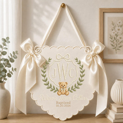 Personalized Embroidered Baptism Baby Name Banner, Custom Monogram Nursery Wall Hanging, Teddy Bear Christening Gift, Baptism Keepsake Decor