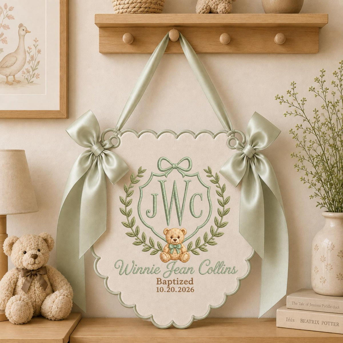 Personalized Embroidered Baptism Baby Name Banner, Custom Monogram Nursery Wall Hanging, Teddy Bear Christening Gift, Baptism Keepsake Decor