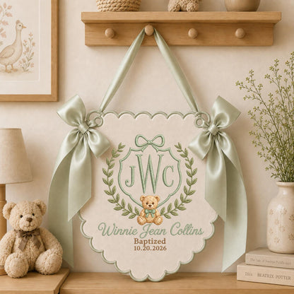 Personalized Embroidered Baptism Baby Name Banner, Custom Monogram Nursery Wall Hanging, Teddy Bear Christening Gift, Baptism Keepsake Decor
