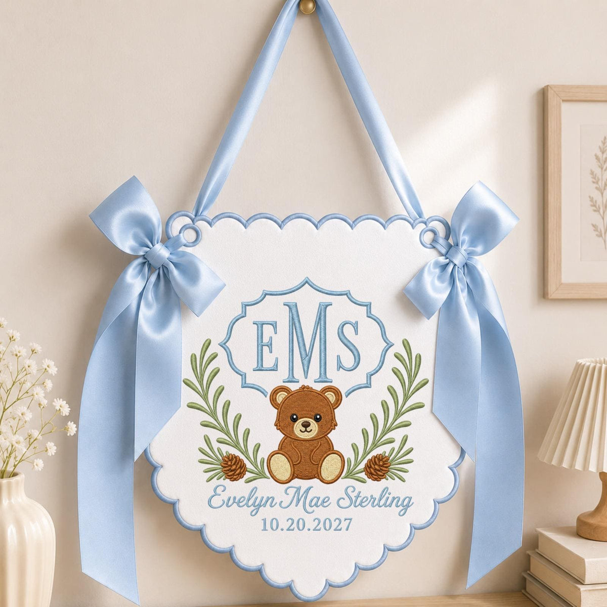 Personalized Embroidered Baby Name Banner, Teddy Bear Monogram Nursery Wall Hanging, Custom Initial Sign, Baby Girl Nursery, Newborn Gift