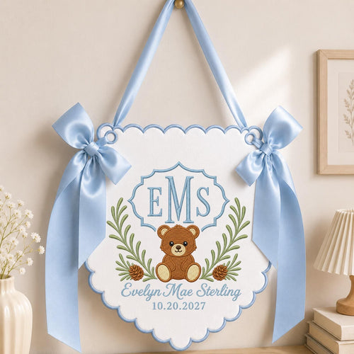 Personalized Embroidered Baby Name Banner, Teddy Bear Monogram Nursery Wall Hanging, Custom Initial Sign, Baby Girl Nursery, Newborn Gift