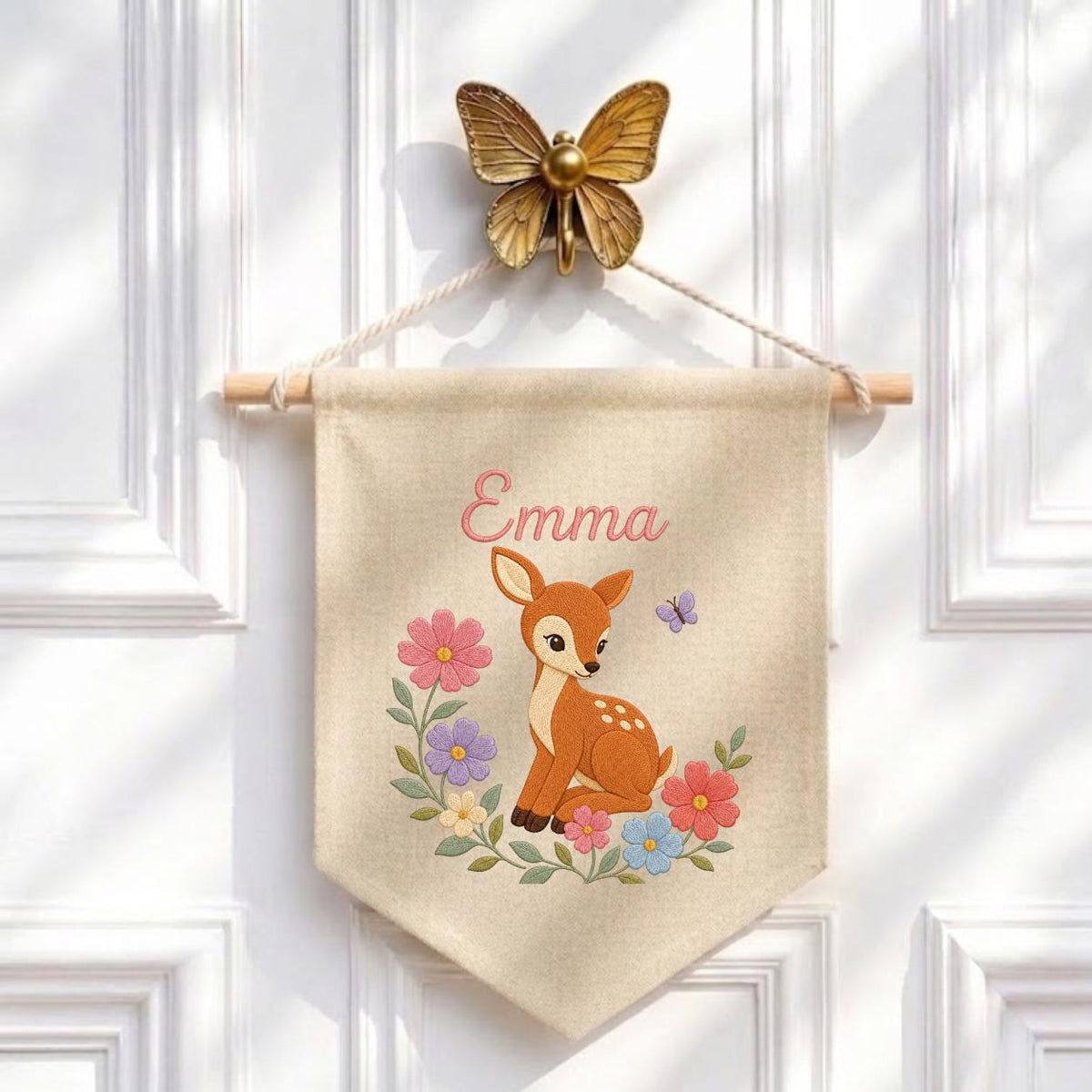 Personalized Baby Deer Canvas Pennant Banner, Custom Name Emma Floral Embroidered Woodland Fawn Girl Nursery Wall Hanging Sign