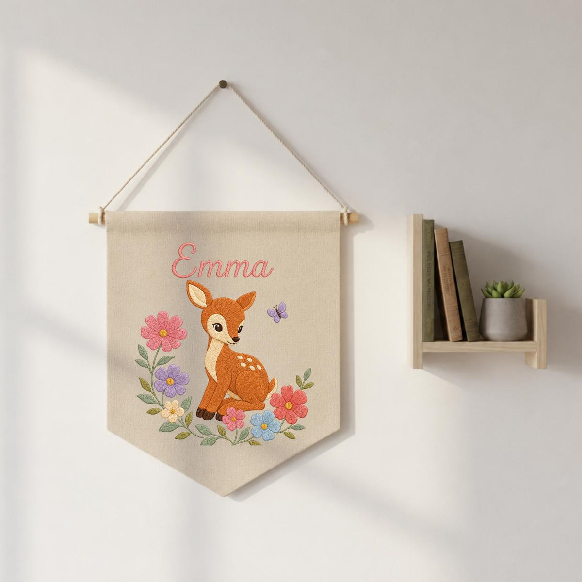 Personalized Baby Deer Canvas Pennant Banner, Custom Name Emma Floral Embroidered Woodland Fawn Girl Nursery Wall Hanging Sign