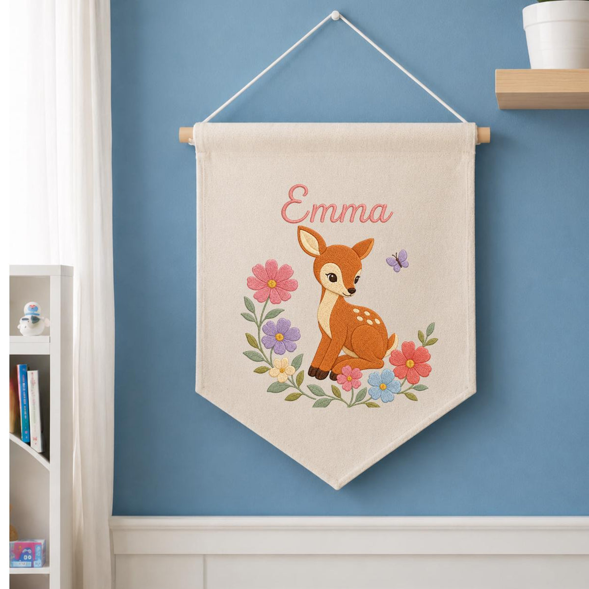 Personalized Baby Deer Canvas Pennant Banner, Custom Name Emma Floral Embroidered Woodland Fawn Girl Nursery Wall Hanging Sign
