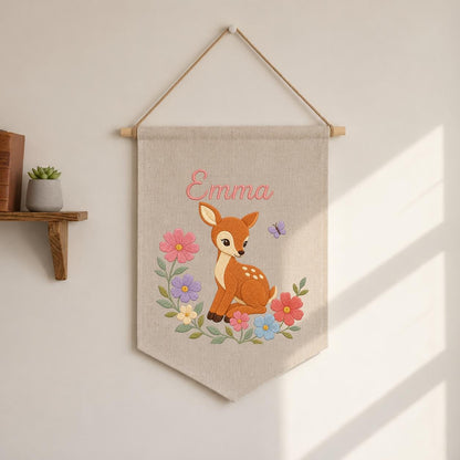 Personalized Baby Deer Canvas Pennant Banner, Custom Name Emma Floral Embroidered Woodland Fawn Girl Nursery Wall Hanging Sign