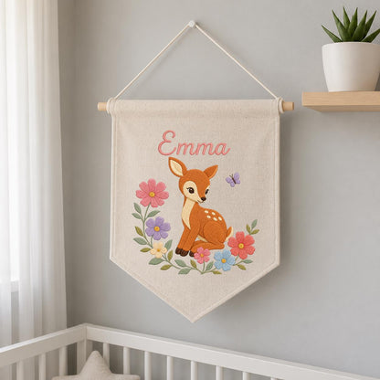 Personalized Baby Deer Canvas Pennant Banner, Custom Name Emma Floral Embroidered Woodland Fawn Girl Nursery Wall Hanging Sign
