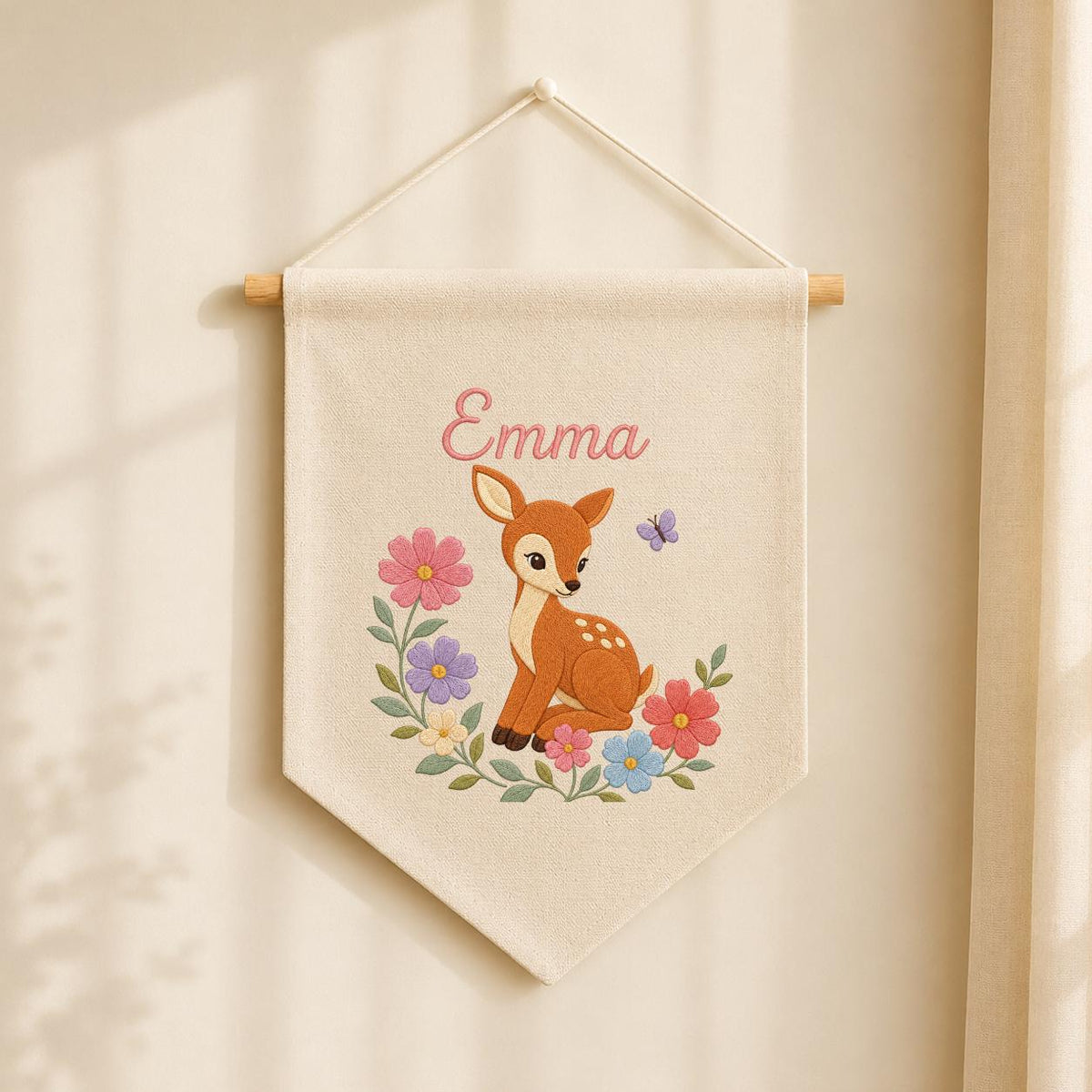 Personalized Baby Deer Canvas Pennant Banner, Custom Name Emma Floral Embroidered Woodland Fawn Girl Nursery Wall Hanging Sign