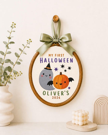 Personalized First Halloween Embroidered Ornament, Custom Kids Name Halloween Decor, Cute Ghost Pumpkin Keepsake, Baby Halloween Gift
