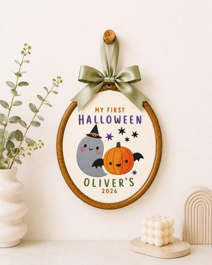 Personalized First Halloween Embroidered Ornament, Custom Kids Name Halloween Decor, Cute Ghost Pumpkin Keepsake, Baby Halloween Gift