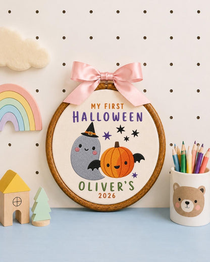 Personalized First Halloween Embroidered Ornament, Custom Kids Name Halloween Decor, Cute Ghost Pumpkin Keepsake, Baby Halloween Gift
