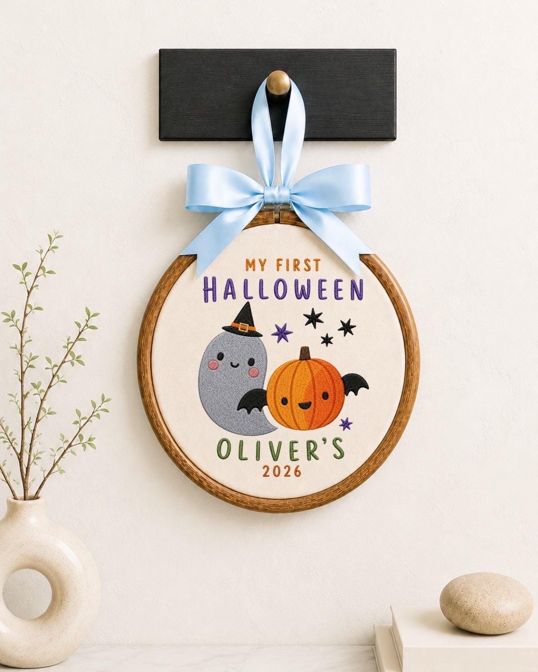 Personalized First Halloween Embroidered Ornament, Custom Kids Name Halloween Decor, Cute Ghost Pumpkin Keepsake, Baby Halloween Gift