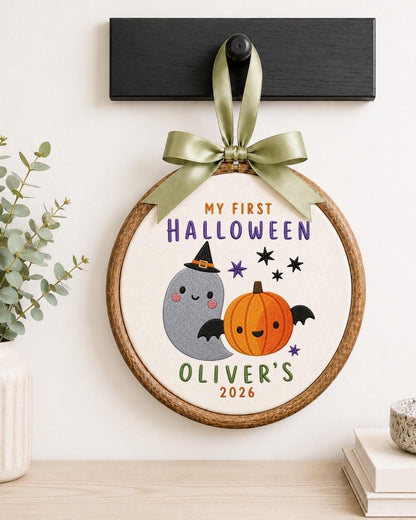 Personalized First Halloween Embroidered Ornament, Custom Kids Name Halloween Decor, Cute Ghost Pumpkin Keepsake, Baby Halloween Gift