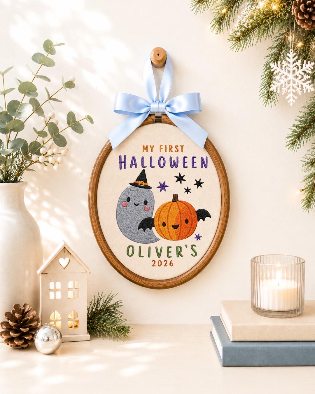 Personalized First Halloween Embroidered Ornament, Custom Kids Name Halloween Decor, Cute Ghost Pumpkin Keepsake, Baby Halloween Gift