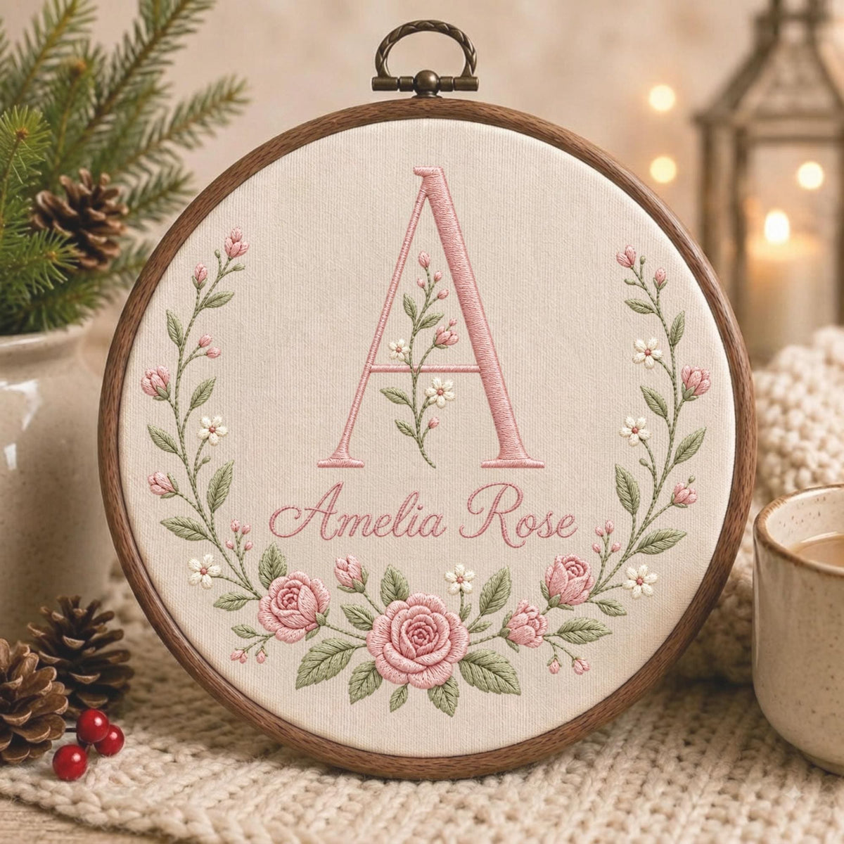 May include: A circular wooden embroidery hoop containing cream-colored fabric with a hand-stitched design. The embroidery features a large pink letter A, the name Amelia Rose in cursive script, and a floral wreath of pink roses and green leaves.