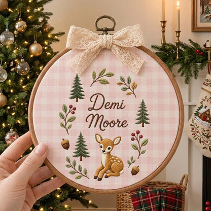 May include: A round wooden embroidery hoop containing pink and white gingham fabric. The fabric features embroidered pine trees, acorns, leaves, berries, and a fawn. The text "Demi Moore" is stitched in brown. A cream lace bow is attached to the top.