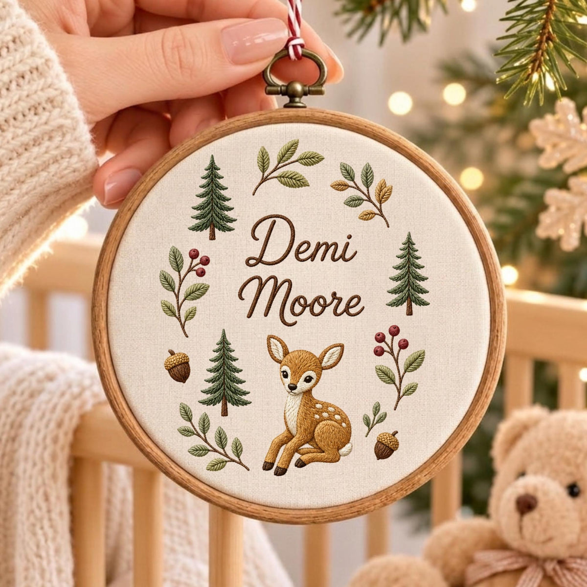 May include: A round wooden embroidery hoop featuring a cream-colored fabric center. The fabric is embroidered with the name Demi Moore in brown script, surrounded by a pattern of green pine trees, brown acorns, red berries, and a fawn.