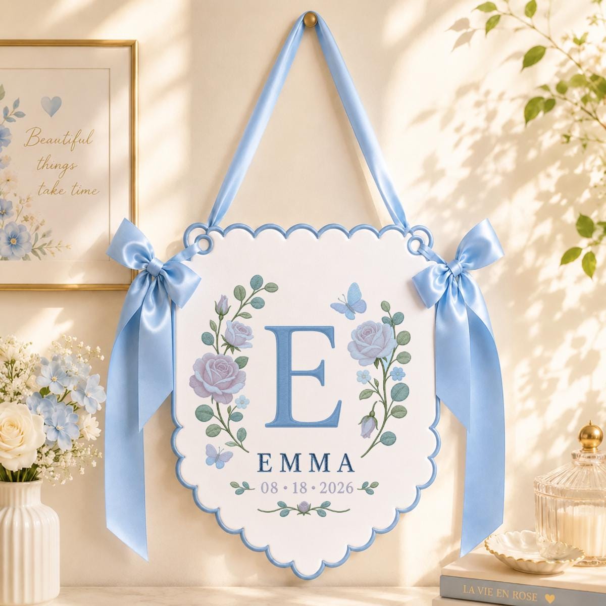 Custom Monogram Wall Hanging, Emma Floral Embroidery Banner, Purple Ribbon Bow Ornament, Personalized Nursery Decor, Keepsake Gift