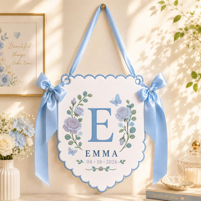 Custom Monogram Wall Hanging, Emma Floral Embroidery Banner, Purple Ribbon Bow Ornament, Personalized Nursery Decor, Keepsake Gift