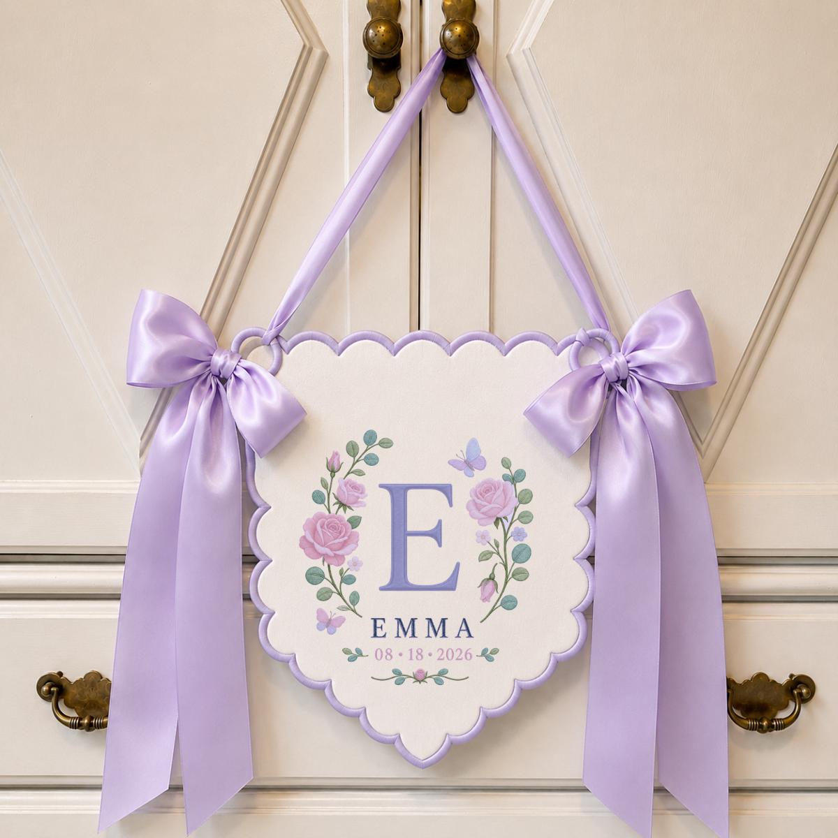 Custom Monogram Wall Hanging, Emma Floral Embroidery Banner, Purple Ribbon Bow Ornament, Personalized Nursery Decor, Keepsake Gift