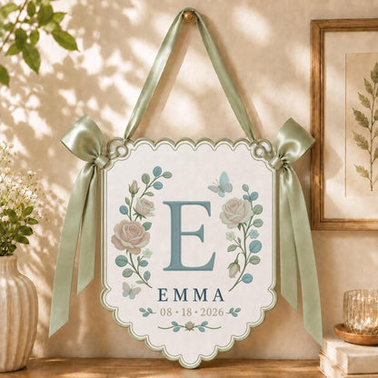 Custom Monogram Wall Hanging, Emma Floral Embroidery Banner, Purple Ribbon Bow Ornament, Personalized Nursery Decor, Keepsake Gift