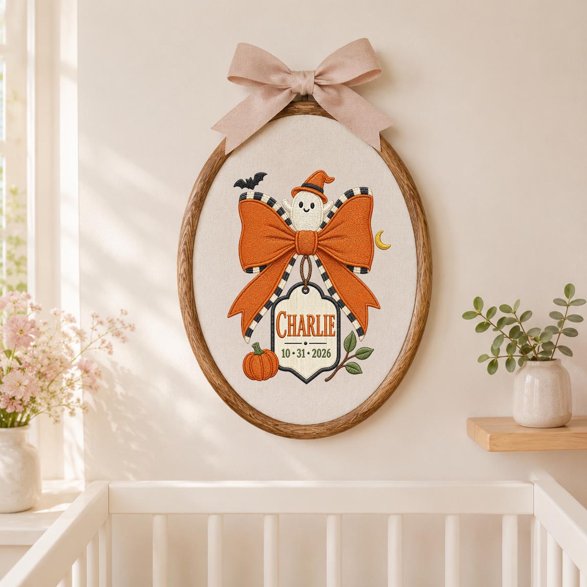 Personalized Halloween Ghost Ornament, Charlie Name Embroidery Hoop, Pumpkin and Bow Decor, Spooky Oval Wall Hanging, Custom Gift