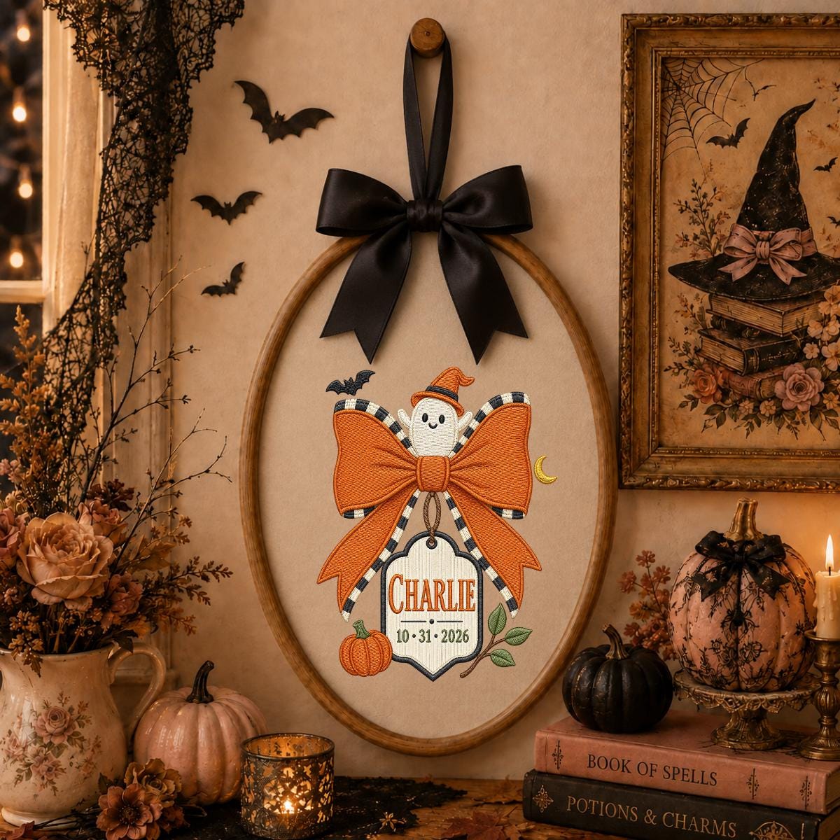 Personalized Halloween Ghost Ornament, Charlie Name Embroidery Hoop, Pumpkin and Bow Decor, Spooky Oval Wall Hanging, Custom Gift