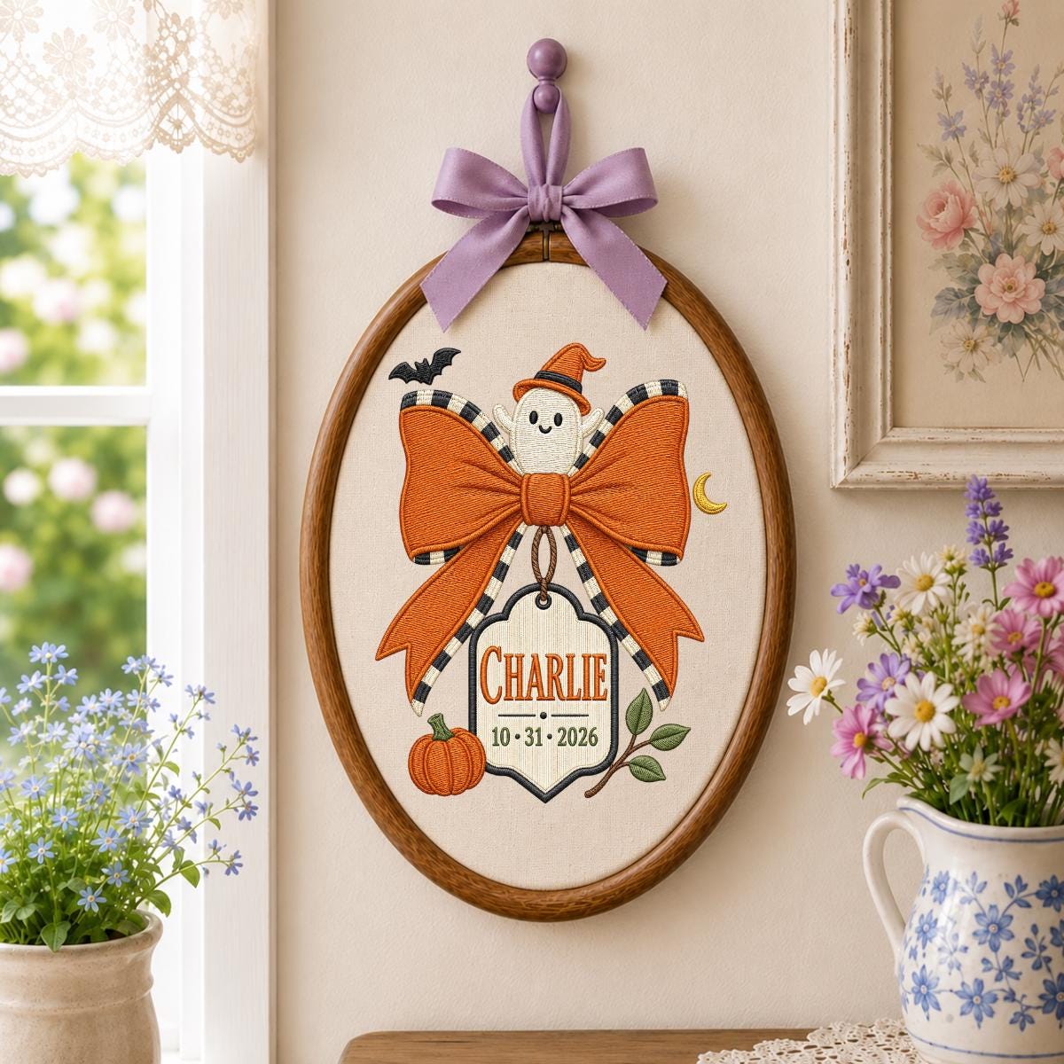 Personalized Halloween Ghost Ornament, Charlie Name Embroidery Hoop, Pumpkin and Bow Decor, Spooky Oval Wall Hanging, Custom Gift