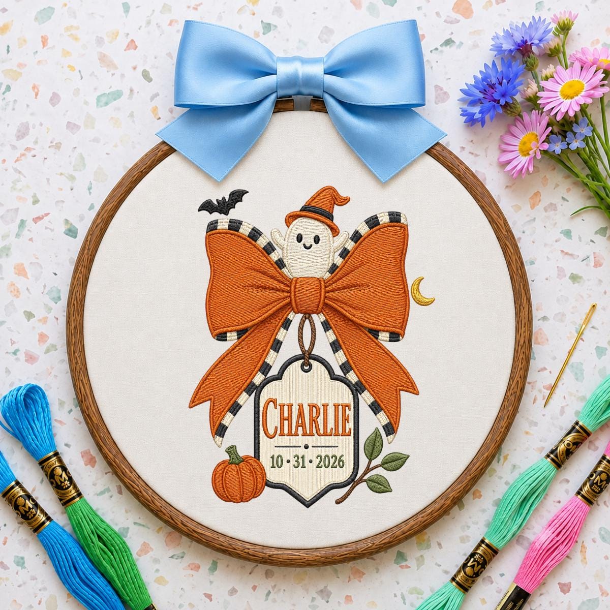 Personalized Halloween Ghost Ornament, Charlie Name Embroidery Hoop, Pumpkin and Bow Decor, Spooky Oval Wall Hanging, Custom Gift