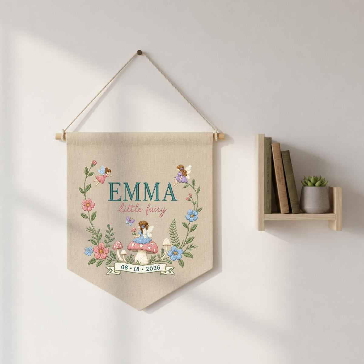 Personalized Fairy Garden Wall Hanging, Emma Little Fairy Banner, Mushroom and Floral Embroidery Pennant, Custom Date Nursery Gift