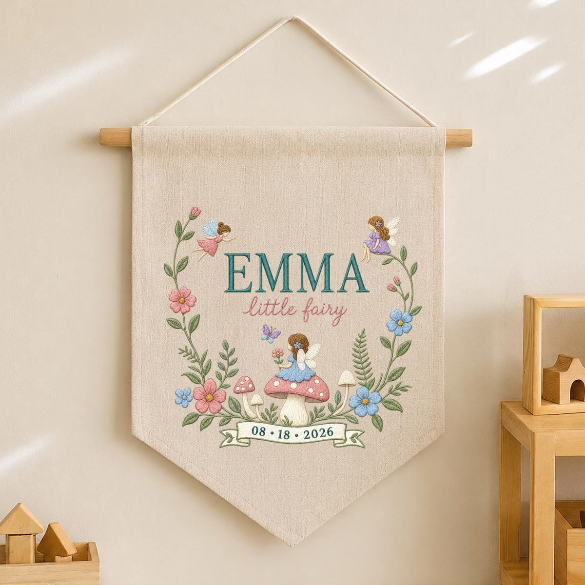 Personalized Fairy Garden Wall Hanging, Emma Little Fairy Banner, Mushroom and Floral Embroidery Pennant, Custom Date Nursery Gift