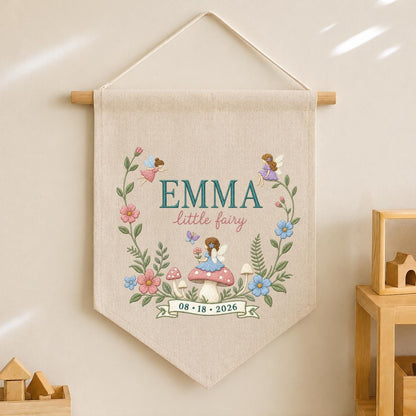 Personalized Fairy Garden Wall Hanging, Emma Little Fairy Banner, Mushroom and Floral Embroidery Pennant, Custom Date Nursery Gift