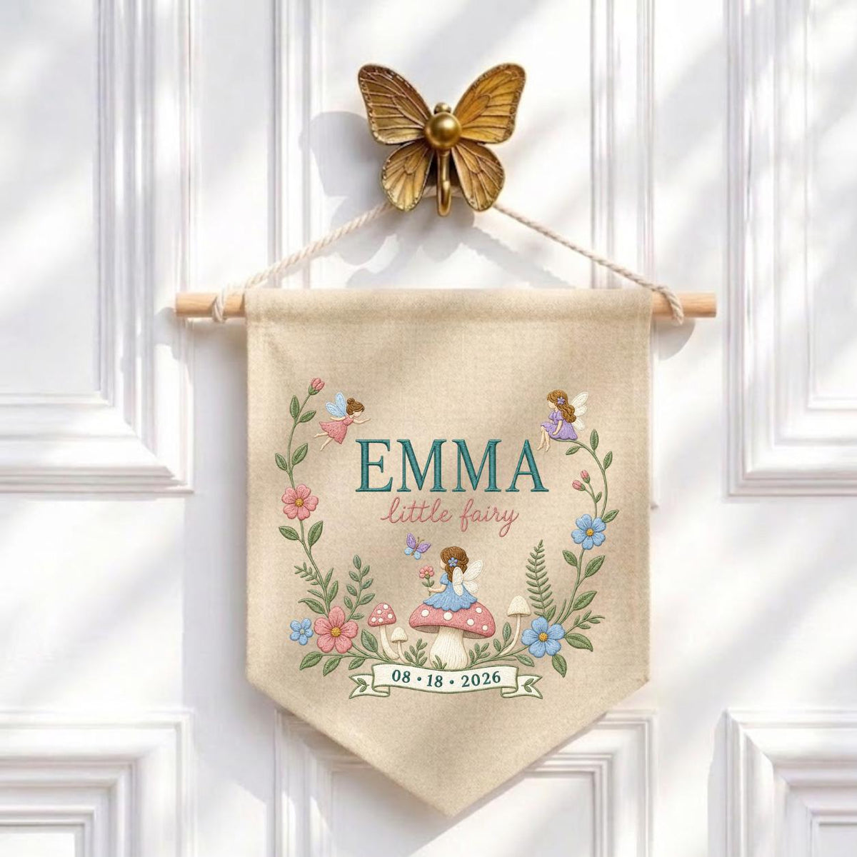 Personalized Fairy Garden Wall Hanging, Emma Little Fairy Banner, Mushroom and Floral Embroidery Pennant, Custom Date Nursery Gift