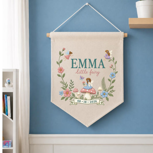 Personalized Fairy Garden Wall Hanging, Emma Little Fairy Banner, Mushroom and Floral Embroidery Pennant, Custom Date Nursery Gift