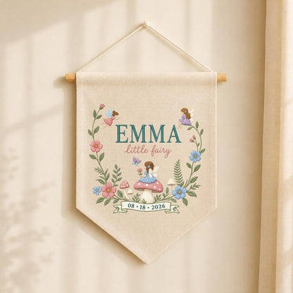 Personalized Fairy Garden Wall Hanging, Emma Little Fairy Banner, Mushroom and Floral Embroidery Pennant, Custom Date Nursery Gift